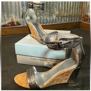 Metallic low wedge ankle zip silver pewter laser cut cork beach barn wedding